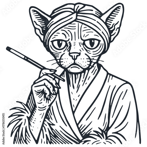 An anthropomorphic Sphynx cat in a turban and a robe with fur, holding a cigarette holder. Funny character linework vector illustration isolated on white.