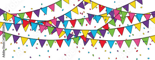 Colorful pennant flags with confetti, festive celebration background, party decoration design, cheerful event theme, vibrant vector illustration, joyful atmosphere concept