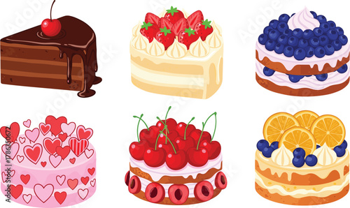 Cute cake vector, dessert illustration, layered sweets, fruit toppings, heart decoration, bakery clipart, kawaii pastry design, colorful treat, celebration food art
