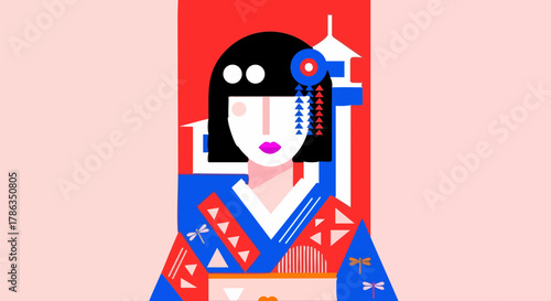 Elegant geisha portrait with traditional japanese elements in a modern geometric style