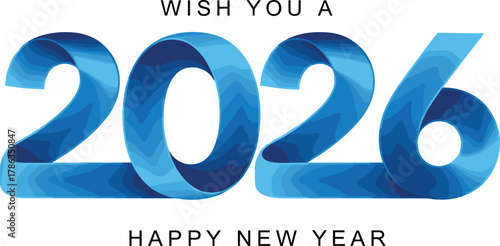 2026 New Year icon vector—stylized blue gradient digits with wave texture and greeting text for celebration and festive branding visuals