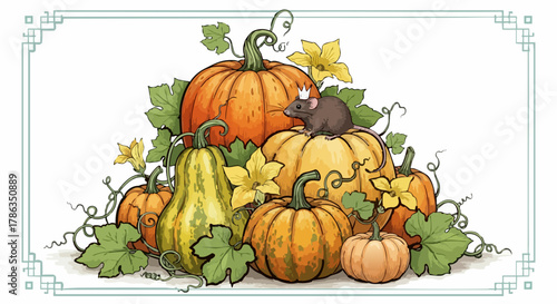 Autumn harvest scene with pumpkins squash mouse and flowers in a vintage style