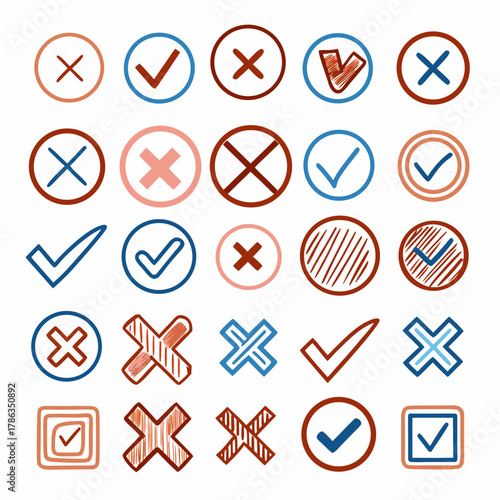 Assorted hand-drawn check and cross symbols in muted colors