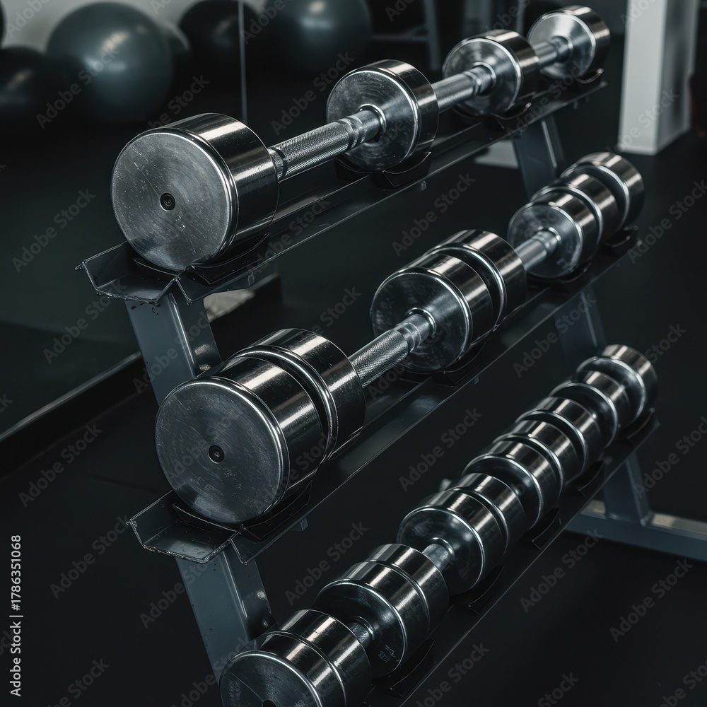 Obraz premium Rows of polished chrome dumbbells neatly arranged on tiered racks, ready for intensive physical conditioning and muscle building activities ,iron ,facility ,strength