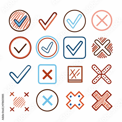 Doodle Style Check and Cross Icons Set check mark tick