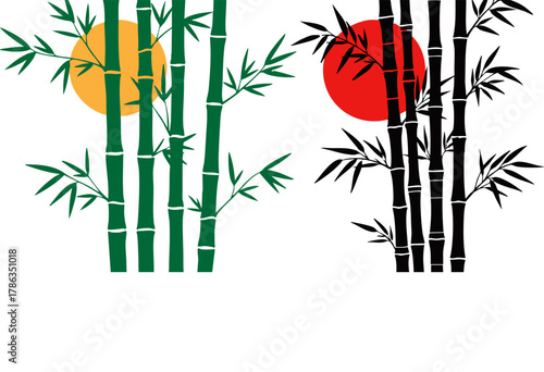 Bamboo stalks against a setting sun create a serene and peaceful asian scene