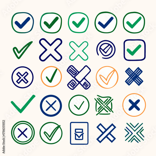 Collection of hand-drawn checkmarks and crosses on light background
