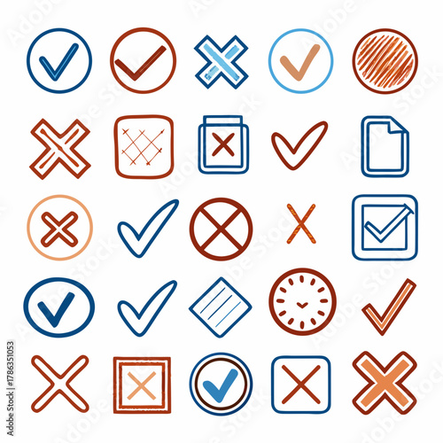 Diverse Hand Drawn Check and Cross Icons Collection