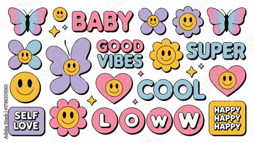 Retro Groovy Stickers With Smiley Faces And Positive Words