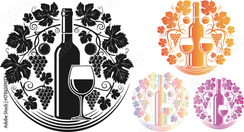 Elegant wine bottle and glass with grape vine design for sophisticated branding use