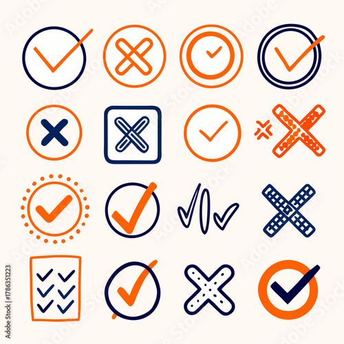 Hand-drawn checkmarks and crosses in orange and blue outlines