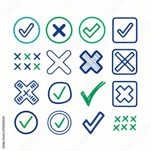 Teal, Green, and Blue Hand Drawn Check and Cross Icons