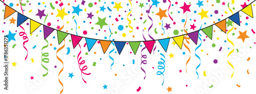 Festive pennant banner with confetti, colorful celebration background, party decoration design, cheerful event theme, vector illustration, vibrant streamers and stars