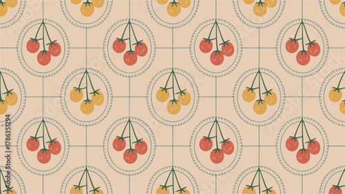 Seamless pattern of cherry tomatoes on a tiled background Keywords: cherry tomatoes, fruit