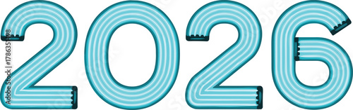 2026 typography illustration—glowing blue digits with striped neon effect and shadow, futuristic vector design for new year themes