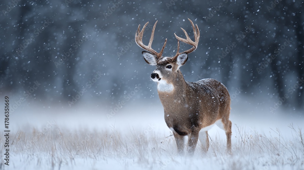 Naklejka premium Majestic animal standing gracefully amidst a snowy landscape, showcasing its stunning antlers and winter coat. The scene exudes a serene and peaceful atmosphere.