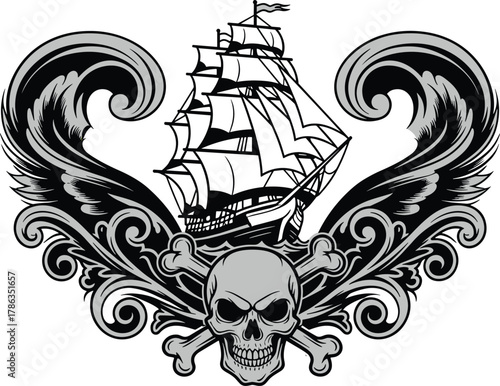 Pirate ship vector, skull and crossbones, nautical tattoo style, vintage maritime illustration, ocean waves, sailing adventure, gothic sea art, dramatic composition
