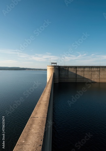 Wallpaper Mural Vast reservoir water surface held by a massive concrete barrier structure, illustrating crucial water storage, power generation, and essential engineering ,scale ,massive ,barrier Torontodigital.ca