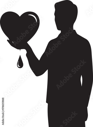 Man silhouette holding bleeding heart symbol showing love loss emotion and sacrifice