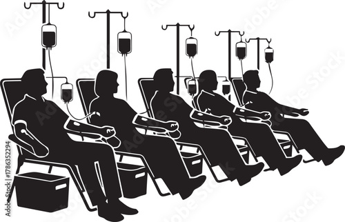 Diverse group of people receiving medical infusion therapy in chairs with iv bags