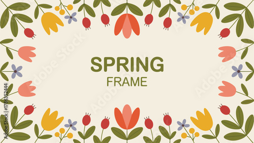 Spring floral frame with tulips and berries Keywords: spring, frame, floral, flowers, tulips