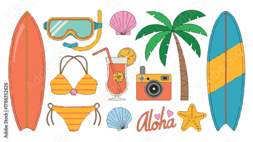 Summer vacation beach icons and objects Keywords: summer, vacation, beach, icons, objects