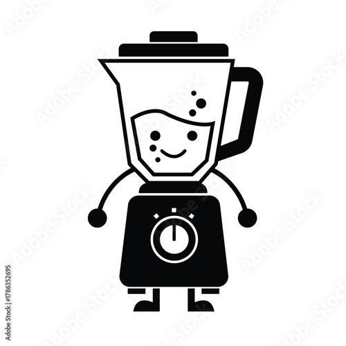 Black and white mascot icon of a kitchen blender with a happy face on its pitcher, symbolizing healthy cooking and food.