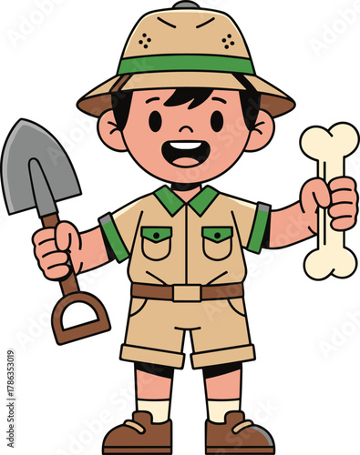 Cute cartoon boy in explorer outfit holding a shovel and dinosaur bone, smiling happily for themes of childhood adventure, science, discovery, and paleontology education.