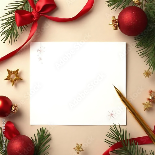 Christmas holiday blank card mockup flat lay festive decorations
