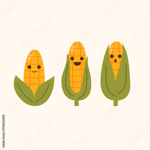 Cute corn character illustration. Set corn cartoon mascot  with happy face