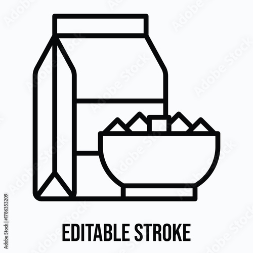Breakfast Cereal Box with Bowl of Crunchy Flakes Isolated Lineal Vector Icon, Editable Stroke.