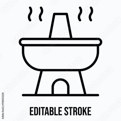 Traditional Food Warmer Pot with Heating Flame for Hot Meals Isolated Lineal Vector Icon, Editable Stroke.