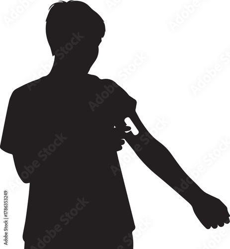 Young person applying patch to arm silhouette demonstrating health care and self care routine