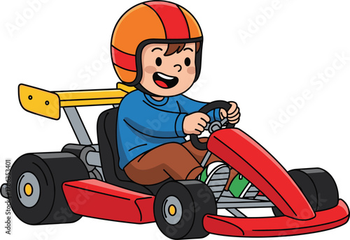 Cute cartoon boy in orange helmet and blue shirt smiling while driving a red go-kart, perfect for themes of racing, childhood fun, speed, adventure, and outdoor sports activities.