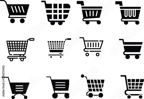 Shopping cart icon set. E-commerce outline icons. Add to cart button. Remove item symbol. Empty and full basket pictogram. Online store UI/UX vector graphic element. Shopping cart icon set. Shopping