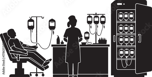 Silhouette of patient receiving blood transfusion with medical staff and blood bags in clinic setting