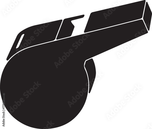 An isolated illustration showing the design of a simple black whistle with a transparent background