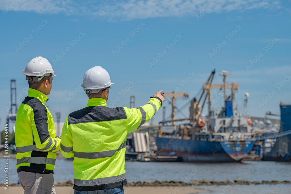 Fototapeta premium An engineer works at a busy shipping port, inspecting containers and managing logistics operations, ensuring smooth import and export processes with safety and efficiency in global trade.