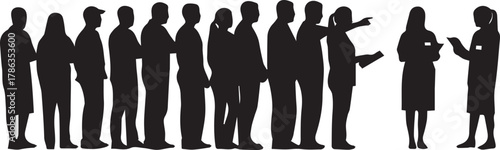 Diverse group of people silhouettes in line anticipating interaction with leaders