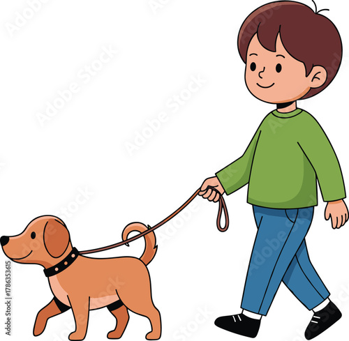 Cute cartoon boy in green sweater and blue jeans happily walking his brown dog on a leash, perfect for themes of pet ownership, childhood, outdoor activity, companionship, and responsible care.
