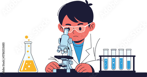 Cute cartoon boy scientist in white lab coat and glasses looking through a microscope with test tubes and beakers nearby, perfect for themes of education, science, discovery, and childhood curiosity.