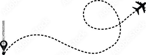 Airplane route with dotted flight path. 