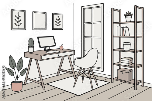 Minimalist home office interior with desk computer plant chair and bookshelf vector illustration