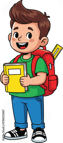 Cute cartoon schoolboy with brown hair, green shirt, and red backpack holding a yellow book, smiling happily for themes of education, back to school, childhood learning, and student life.