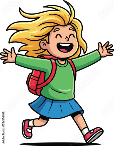 Cute cartoon schoolgirl with blonde hair and red backpack running happily with arms outstretched, perfect for themes of childhood joy, back to school, freedom, and energetic play.