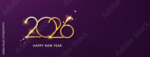 2026 Purple and gold Happy New Year background. Festive glowing banner luxury celebration.
