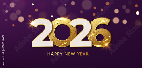 Happy New Year 2026 golden number on purple background. Glowing festive banner bokeh elegant vector design.