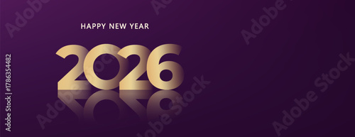 2026 Happy New Year luxury purple gold glowing festive background. Holiday celebration vector design.