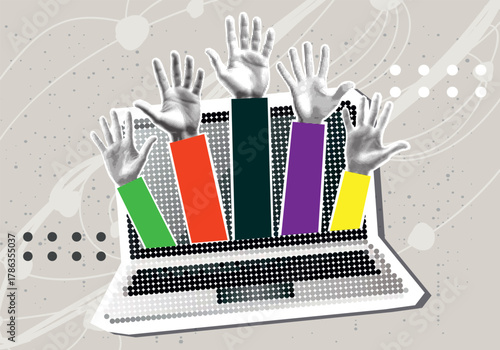 Trendy Halftone Collage with line. Template for banner, poster, Raised hands volunteering out from laptop. Vector illustration. Contemporary art. Vector