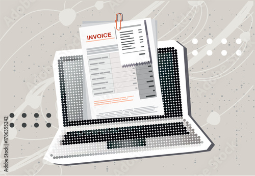 Trendy Halftone Collage Online digital invoice on screen laptop with bills. Template for banner, poster, social media and ads. Vector illustration. Contemporary art. Vector